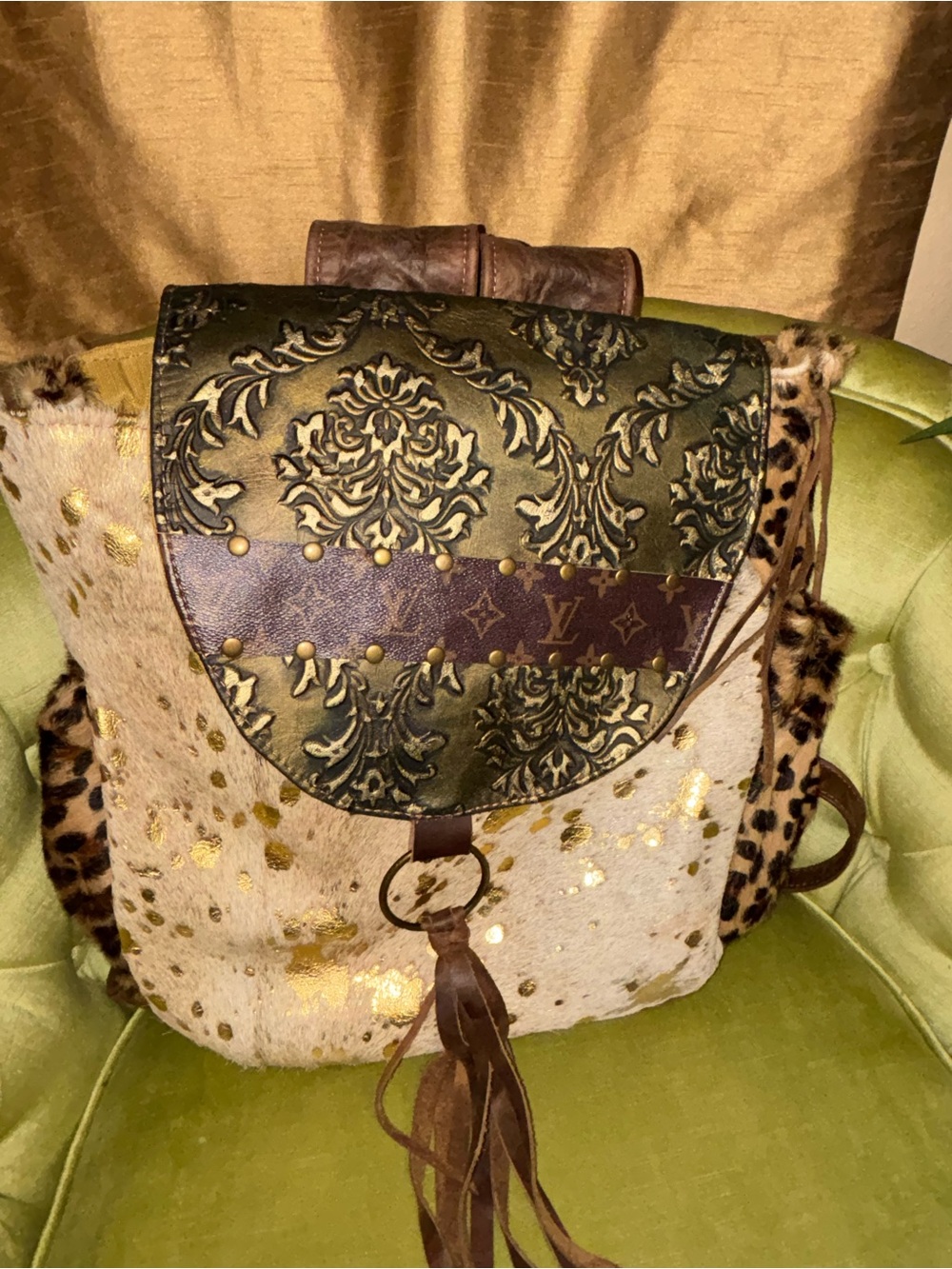 Metallic Cowhide / Leopard Fringe Bucket Handbag/ Backpack 18”X20” - Picture 13 of 14